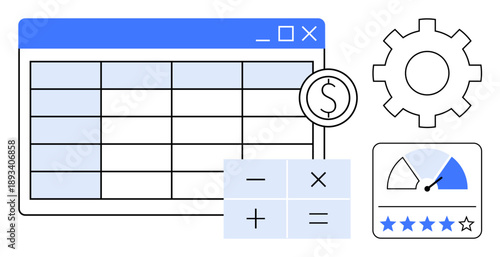Financial data management. Spreadsheet, calculator, and settings icon financial analysis, reporting, and decision-making. Financial data for accounting, business analysis, fintech and performance