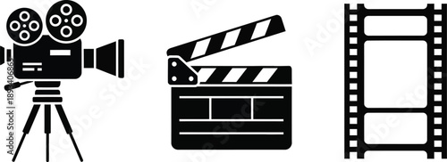 Film and cinema industry clapperboard, a vintage video camera, and a tub of popcorn  symbols for movies, filmmaking, and entertainment. 