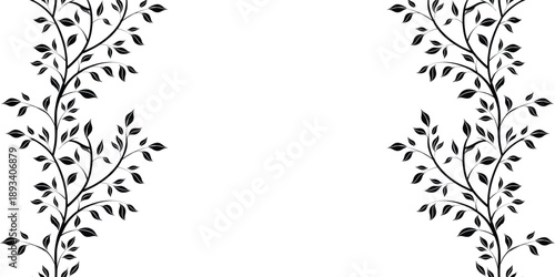 Black leafy branches forming an elegant botanical frame border. Minimal foliage illustration in monochrome style for nature inspired designs. Organic plant decoration background for banners and 