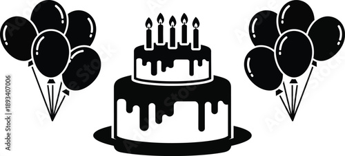 Two tiered birthday cake with lit candles on top, flanked by a cluster of balloons on either side. 