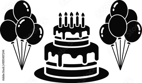 Two tiered birthday cake with lit candles on top, flanked by a cluster of balloons on either side. 