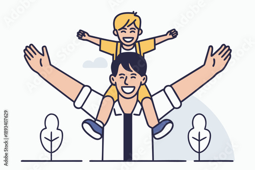 Joyful father giving son a piggyback ride, arms outstretched in happiness. happy family bonding moment, parenthood and childhood fun. flat minimalist vector illustration.