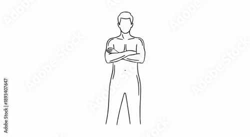 Man standing with arms crossed in simple line drawing style.