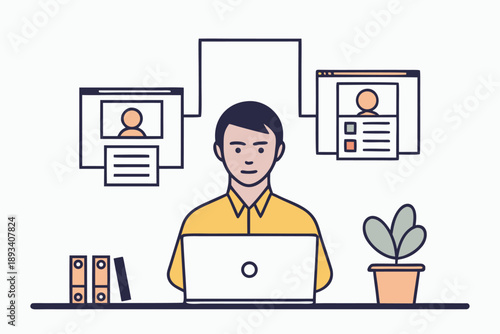 Online digital recruitment process vector illustration. man working on laptop managing applicant profiles and data flow.
