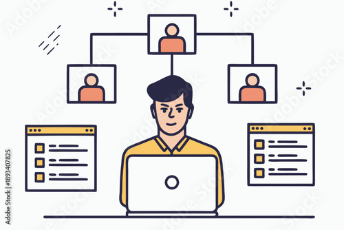 Remote work collaboration network and project management concept. flat vector illustration showcasing a user managing a digital team and tasks.