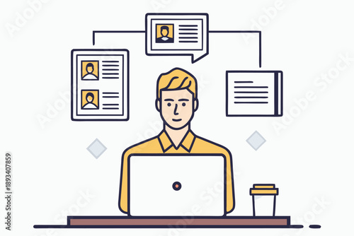 Professional man reviewing resumes and processing digital data on laptop, representing recruitment, hr management, or online information flow vector illustration.