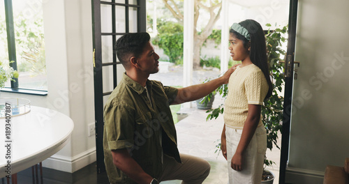 Fényképezés Dad, child and door with goodbye for safety check, rules and discipline guidance in home