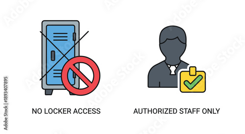 Graphic representation of restricted storage access indicating that general use lockers are prohibited while granting exclusive entry privileges solely to verified personnel or management figures