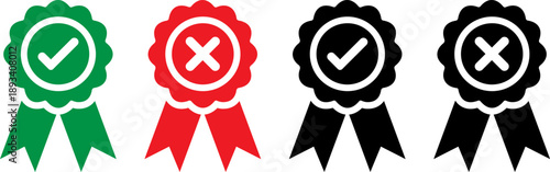 Set of check and cross badges with ribbons