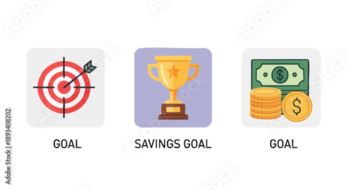 Business Goals and Financial Achievement Icon Set: Target, Trophy Award, and Money Savings Symbol for Strategy and Success
