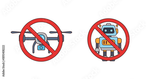 Clear graphic icon indicating the prohibition of unmanned aerial vehicles like drones and autonomous robotic devices in a designated restricted area signaling important safety regulations