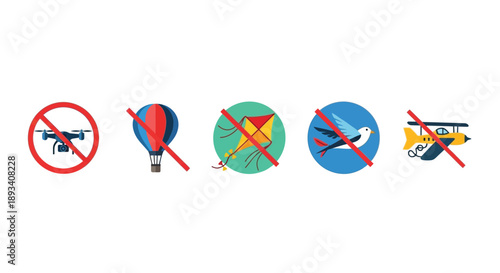 Collection of aviation and airborne object prohibition signs illustrating no fly zones for drones balloons kites birds and airplanes clearly indicating restrictions