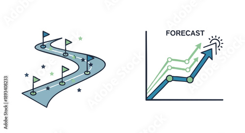 Business Roadmap Strategy, Goals, and Financial Forecast Graph. Planning for Success, Growth, and Positive Market Projection Illustration.