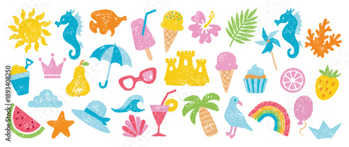 Beach Summer Icon and Sea Vector Elements Set Featuring Vacation Crayon Illustration Style, Cute Holiday Stickers with Pastel Chalk Doodles of Fruit, Sun, Watermelon, Tropical Cocktail, Hat, and Shell