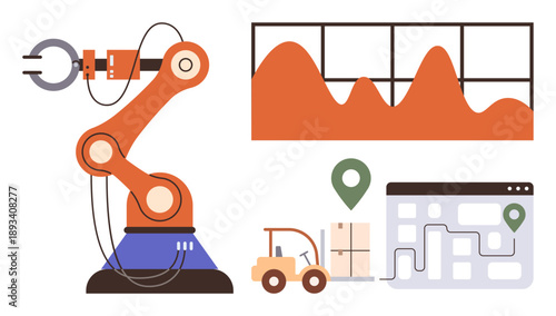 Industrial automation, logistics, supply chain, manufacturing processes, data analytics, robotics. Robot arm, forklift supply map data chart. Industrial automation and logistics