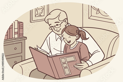 Happy young girl reading book with grandfather. family bonding and intergenerational learning concept. cozy home leisure time vector illustration.