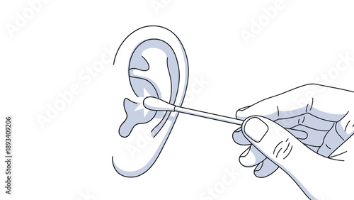 Hand carefully uses a cotton swab to clean the outer part of a human ear in this hygiene and healthcare illustration.