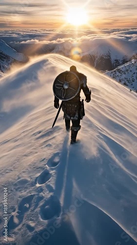 A lone male Viking warrior in full armor with a shield and sword stands on a snowy mountain peak at sunset overlooking a sea of clouds in a dramatic winter landscape.