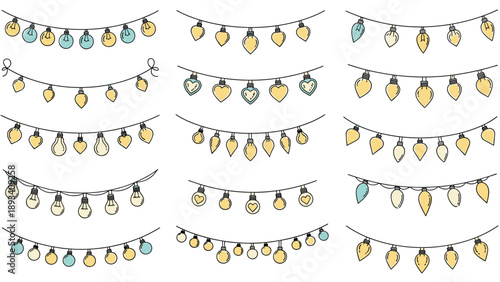Comprehensive set of decorative hanging string lights features various bulb shapes and styles for festive celebrations.