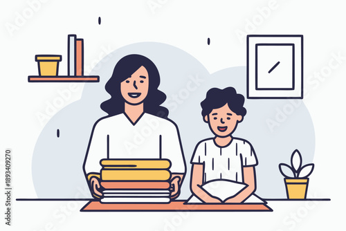 Flat vector illustration of mother and son doing household chores together, tidying up laundry and preparing bedding, promoting family teamwork and responsibility