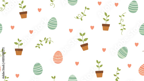 Charming seamless pattern combines potted green plants with colorful decorated Easter eggs and small red heart shapes.
