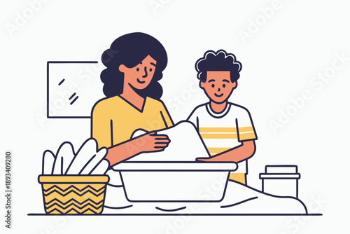 Mother and son doing laundry together, family chores and household routine vector illustration, child helping mom with daily tasks