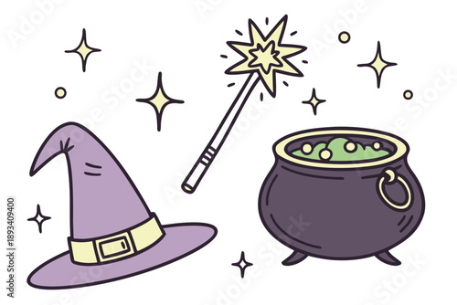 Simple vector illustration of witch's magical items. includes a purple pointed hat, a sparkling magic wand, and a bubbling green potion cauldron, perfect for halloween designs.