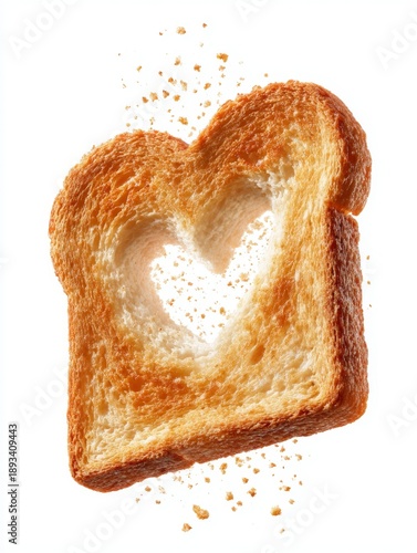 A slice of heart-shaped toast. The golden brown bread is perfectly toasted with a heart cut out. Perfect for expressing love and warmth. Generative AI