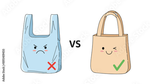 Visual comparison shows an unhappy plastic shopping bag versus a happy reusable eco-friendly tote bag with a wink.