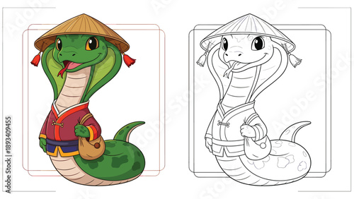 Character design of a friendly green cobra wearing traditional Asian attire and a straw hat with a coloring version.