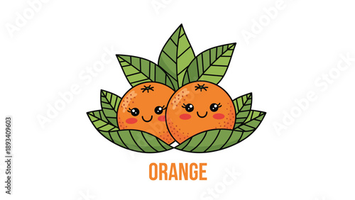 Adorable cartoon oranges with smiling faces and green leaves representing fresh citrus fruits in a cute and friendly vector illustration.