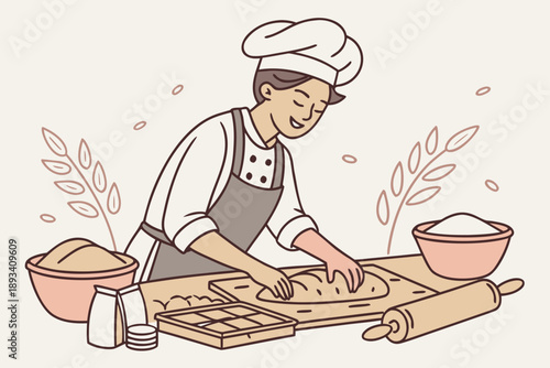 Professional baker kneading fresh dough for homemade bread vector illustration, culinary art of baking, kitchen food preparation graphic