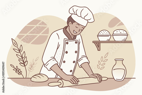 Smiling male baker kneading dough with rolling pin in traditional bakery kitchen. professional chef preparing fresh bread and pastries. culinary arts and artisan food production vector illustration.