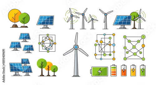 Renewable energy sources and clean power technologies for a sustainable future, featuring wind turbines and solar panels