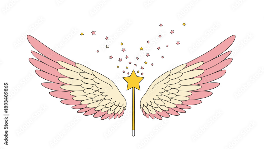 Obraz premium Magical pair of pink and cream feathered wings paired with a golden star wand surrounded by sparkling stars for a fantasy or fairy theme.