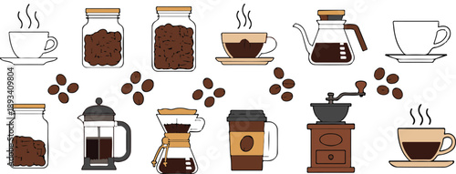 Coffee making line icon set. Drip bag, moka, pod, capsule, arabian, kettle, french press, bean minimal vector illustration. Coffee Equipment Illustration.
