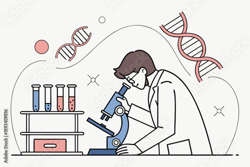 Scientist studying dna under microscope - vector illustration