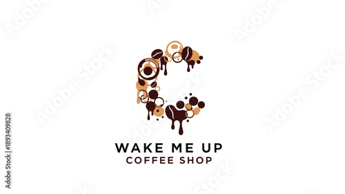Creative logo for Wake Me Up Coffee Shop featuring coffee beans and cup stains forming the letter C in a stylish brown and tan palette.