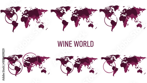 Wine themed world maps colored in various shades of burgundy and purple with circles highlighting specific global regions for viticulture.