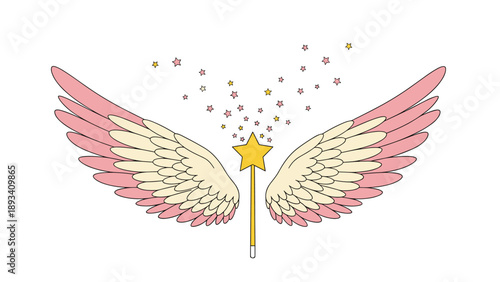 Magical pair of pink and cream feathered wings paired with a golden star wand surrounded by sparkling stars for a fantasy or fairy theme.