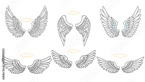Set of six pairs of detailed white angel wings with golden halos in different styles for religious spiritual or fantasy themed graphics.