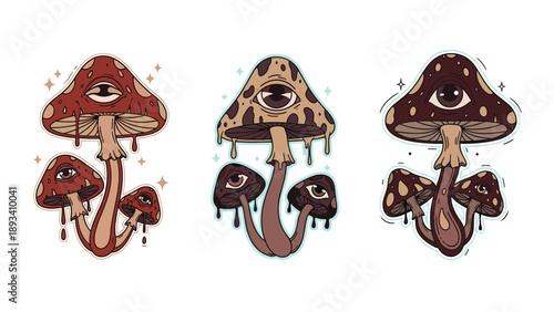 Trio of psychedelic mushrooms with human eyes on their patterned caps dripping with liquid in a surreal and trippy artistic style for posters.