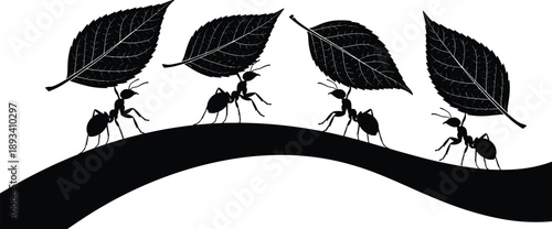 Ants carrying leaves silhouettes isolated on white background symbolizing teamwork, cooperation, hard work and nature balance concept with insect activity illustration design