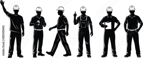 Construction worker silhouettes set wearing hard hats isolated on white background depicting industrial laborers in various poses for safety teamwork industry concepts illustration vector