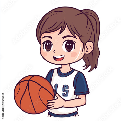  Smiling girl holding basketball focused on sport cute cartoon style sporty attire girl playing basketball