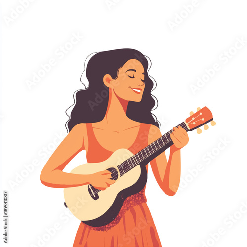 Smiling woman playing ukulele with closed eyes enjoying music