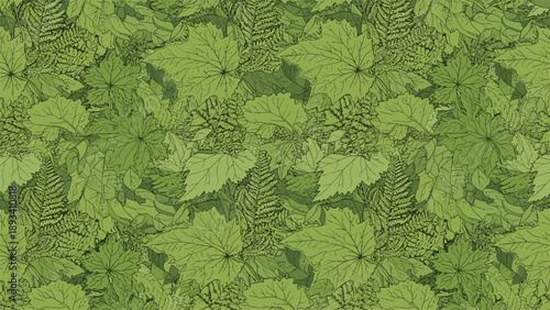 Seamless pattern featuring a dense arrangement of green forest leaves and ferns overlapping for a lush jungle effect.