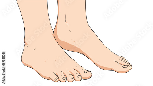 Pair of human feet viewed from a dynamic side angle highlighting the ankles and toes in a natural standing pose.