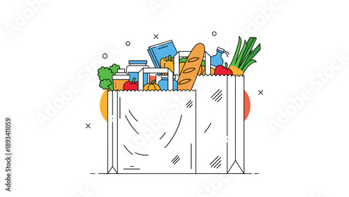 Two paper shopping bags filled with a variety of healthy groceries including fresh vegetables bread and milk bottles.