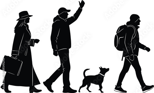 People silhouettes walking with dog and luggage isolated on white background, urban travelers pedestrians lifestyle scene, casual movement, city commute, everyday life concept illustration